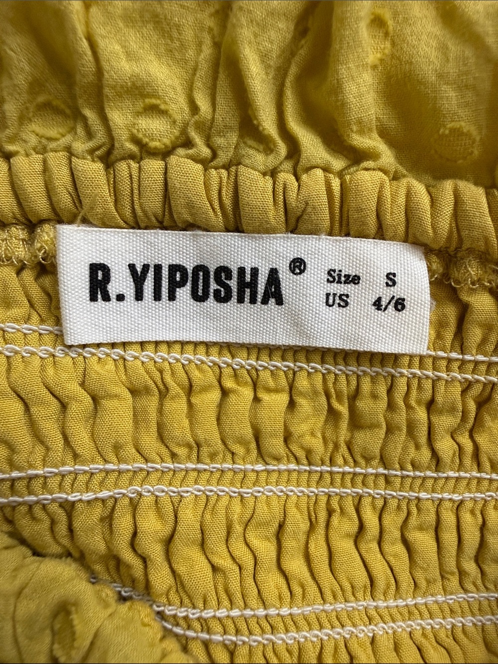 R. Yiposha Yellow Chartreuse Swiss Dot Smocked Puff Sleeve Off Shoulder Dress - Picture 10 of 13